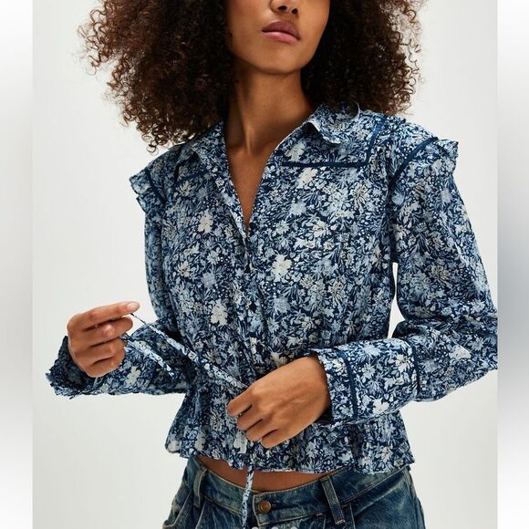 Free People Daybreak Floral Printed Blouse in Chambray Combo - Picture 1 of 8